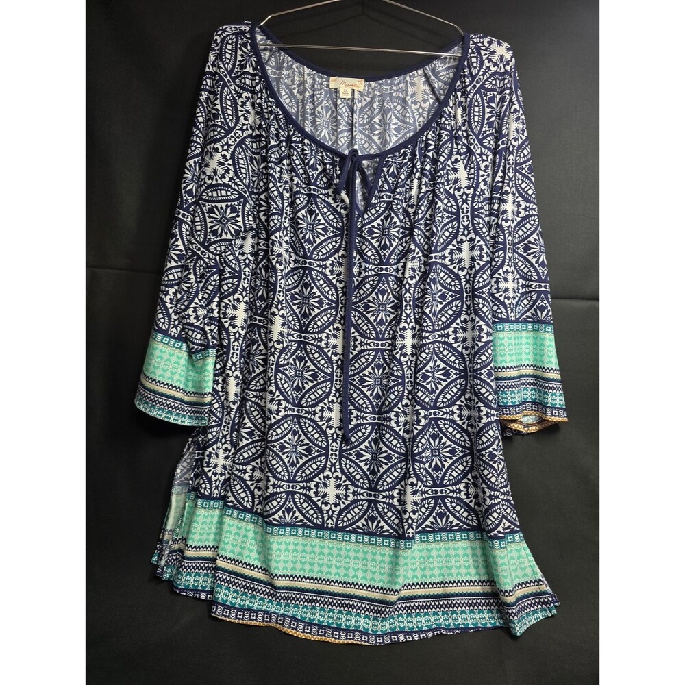 Women's Navy & White Printed Peasant Top with Teal Border